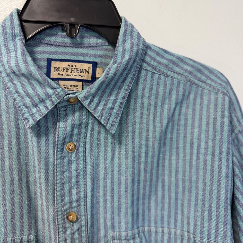 Vintage Ruff Hewn Mens Striped Button Down Shirt Teal Blue 100% Cotton Large USA